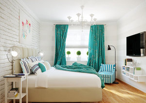 Спальня с бирюзовыми шторами