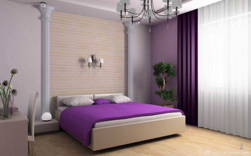 Фиолетовые обои в интерьере комнаты